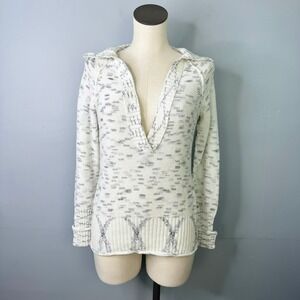 Roxy Black White Gray Marled Deep V-Neck Hooded Cotton Sweater Juniors' Size L